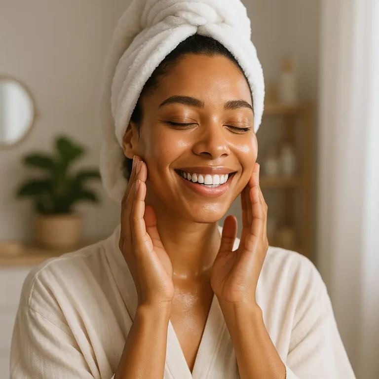 Smiling woman with naturally glowing skin enjoying a morning routine, symbolizing the impact of healthy daily habits on skin radiance.