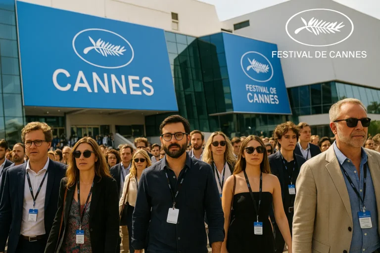 A crowd of festival attendees walking past the Palais des Festivals with Cannes banners in the background.