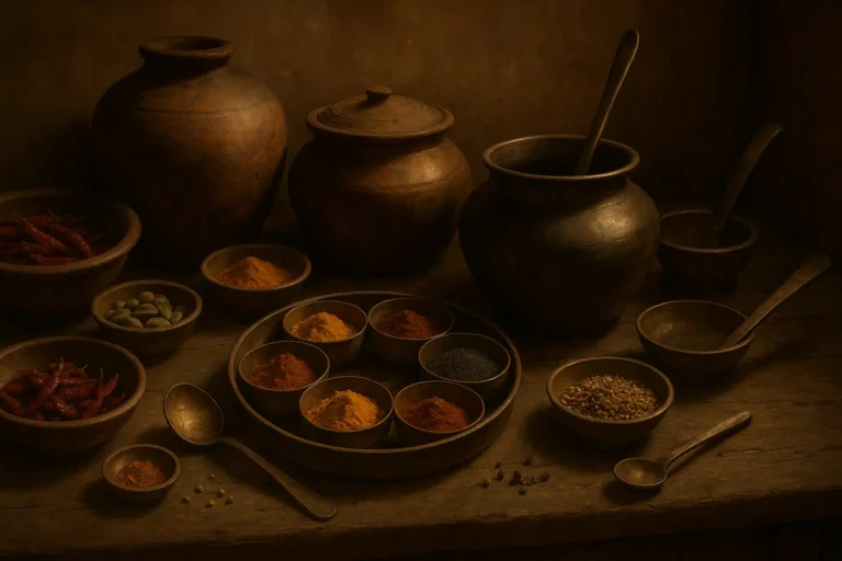 An ancient Indian kitchen scene with clay pots, bronze utensils, and aromatic spices arranged on a wooden table, evoking culinary heritage and timeless techniques.