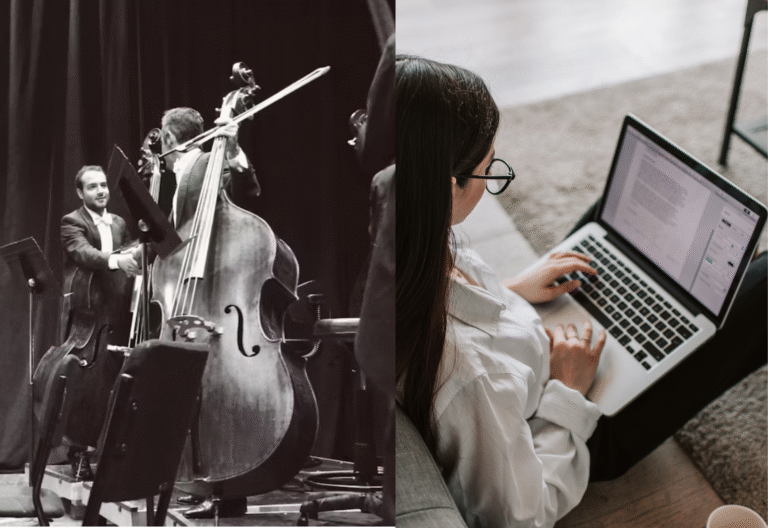 Jazz musicians playing live and modern freelancer working on laptop at home office.