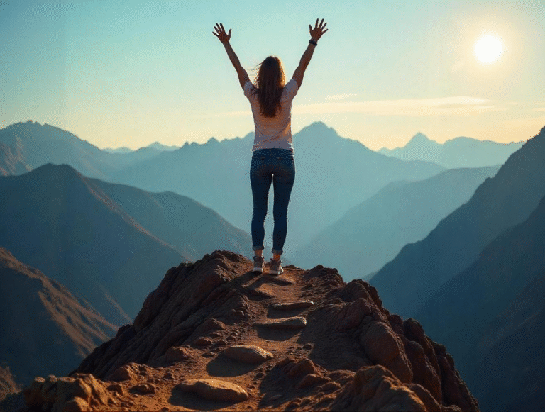 A woman standing on the peak of a mountain, having a gesture of 2 arms above her head as if she won.