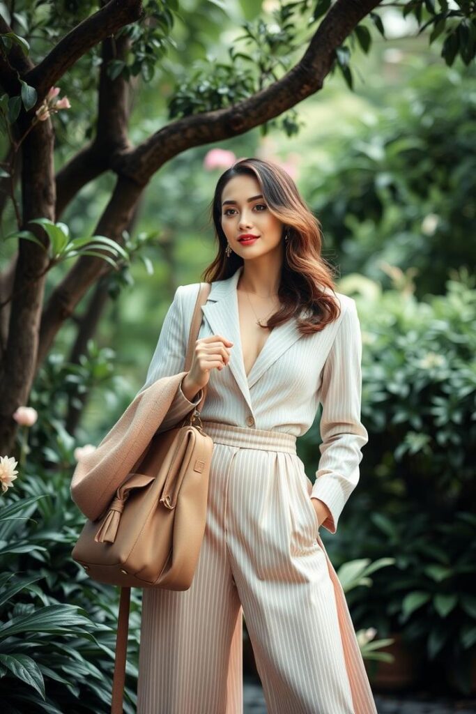A well-dressed woman stands in a lush, green garden.