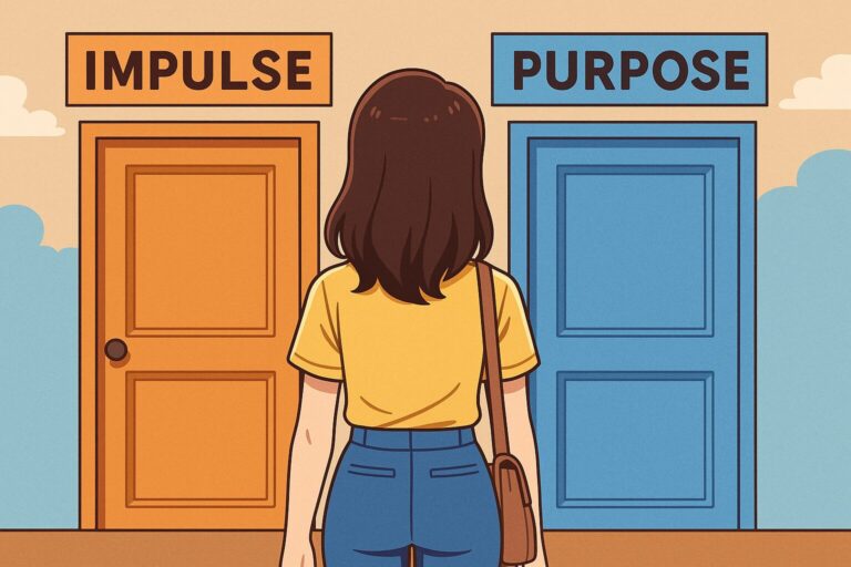 A woman standing in front of two doors that reads ‘Impulse’ and ‘Purpose’, symbolizing life choices.