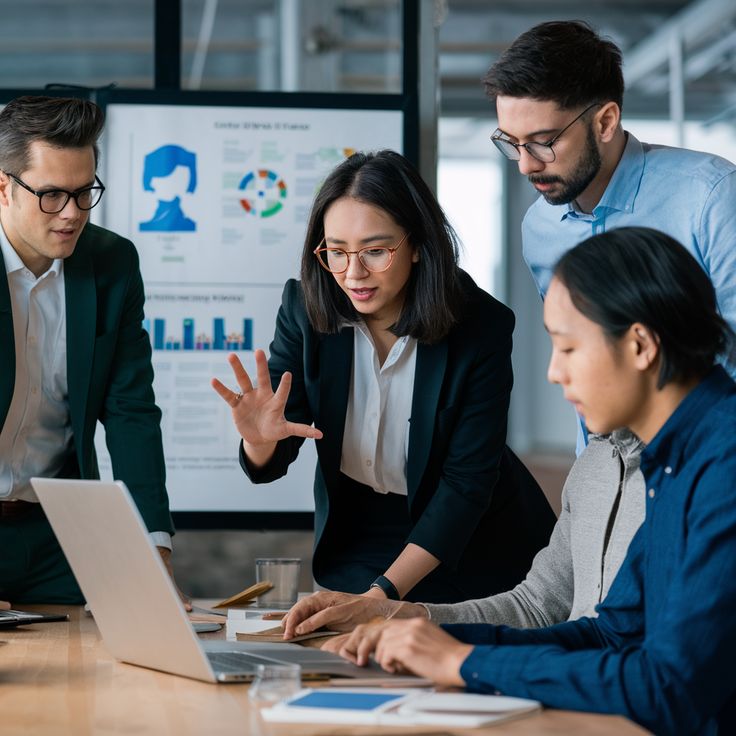 Four professionals are gathered around a laptop in a meeting room, with one woman actively explaining something to her colleagues