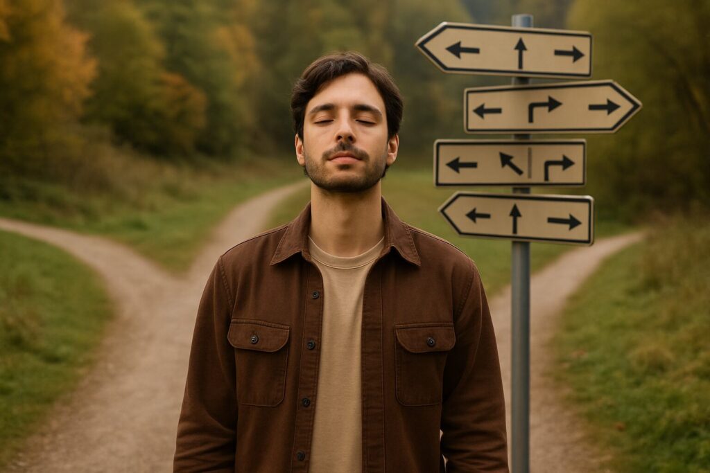 A person standing at a forked path, surrounded by signboards pointing in multiple directions, yet calmly closing their eyes and taking a deep breath.