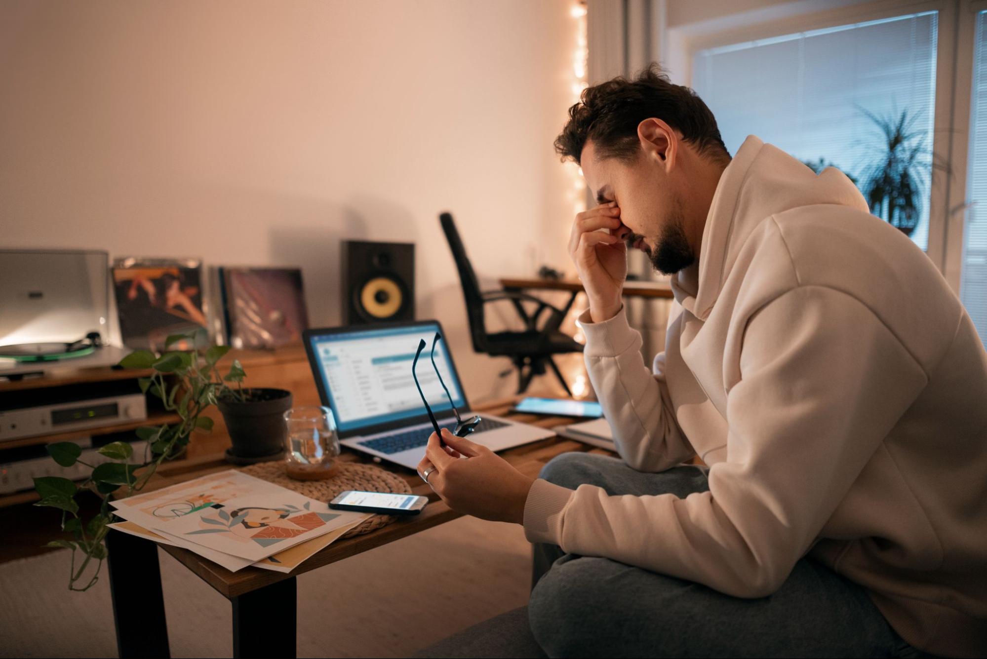 Anxious man thinking deeply while staring at a laptop and holding glasses, whether he is taking the right decision or not.