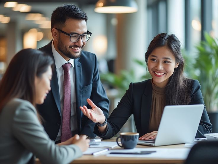 Three diverse business professionals, two women and one man, are seated at a table in a bright, modern office space.