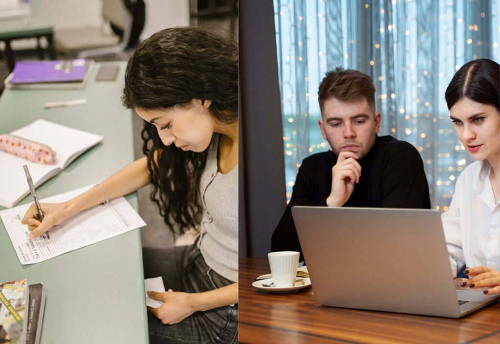 Student copying in beside team reviewing laptop presentation during discussion