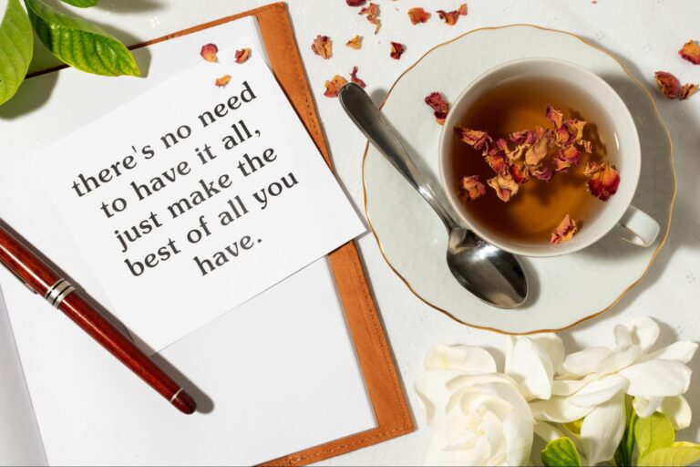 A serene space with a note and a cup of chamomile tea.