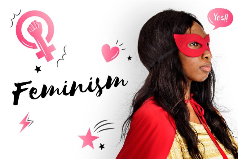 A confident young Black woman dressed as a superhero stands tall in a red mask and cape, symbolizing strength, courage, and female empowerment.