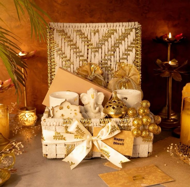 a golden diwali gift hamper box